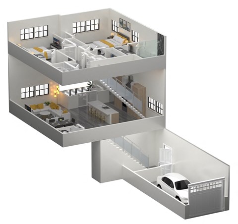 A 3D rendered image of a modern house with a car in the garage at The Franklin Marlboro Apatments, Marlboro